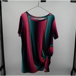 Crazy Train Womens Pink Teal Striped Side Knot Short Sleeve Top Size S‎